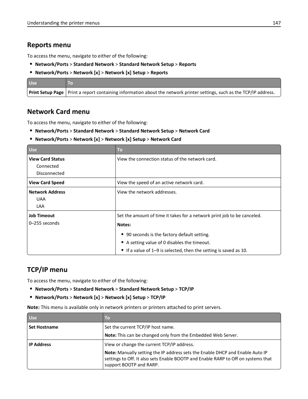 Lexmark MX511DE, 35S5703, 35S5704, MX511DHE manual Network Card menu, TCP/IP menu, Understanding the printer menus 147 