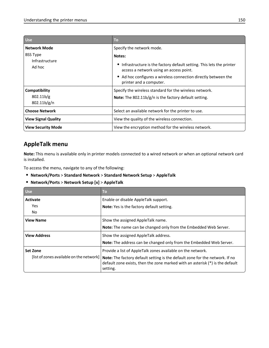 Lexmark MX511DHE AppleTalk menu, Understanding the printer menus 150, To access the menu, navigate to any of the following 