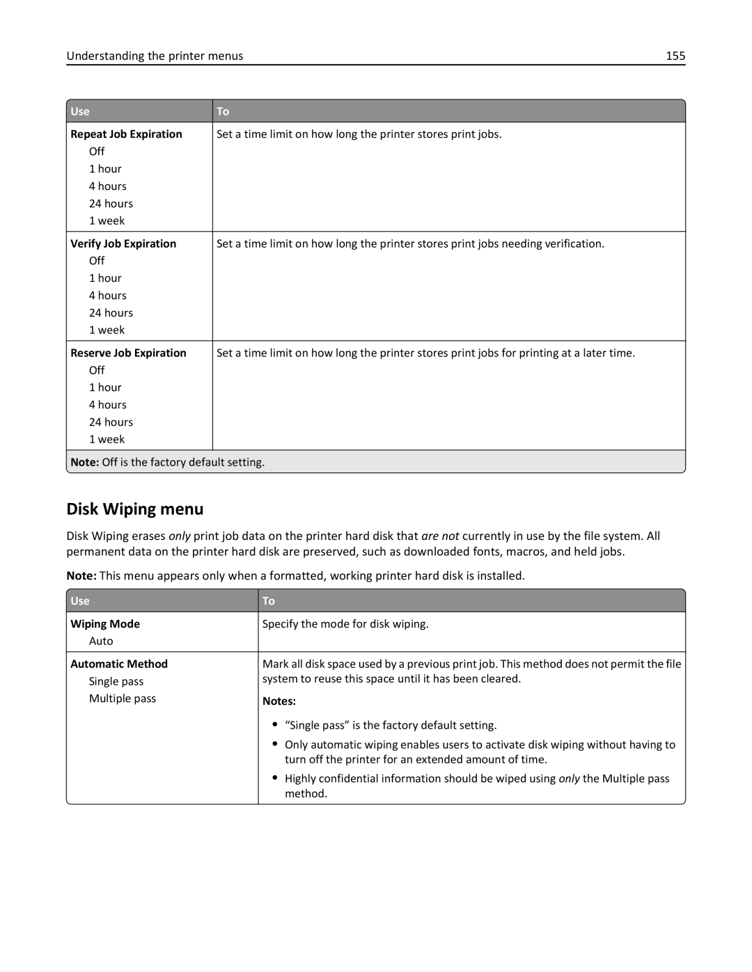 Lexmark MX511DE, 35S5703, 35S5704, MX511DHE manual Disk Wiping menu, Understanding the printer menus 155 