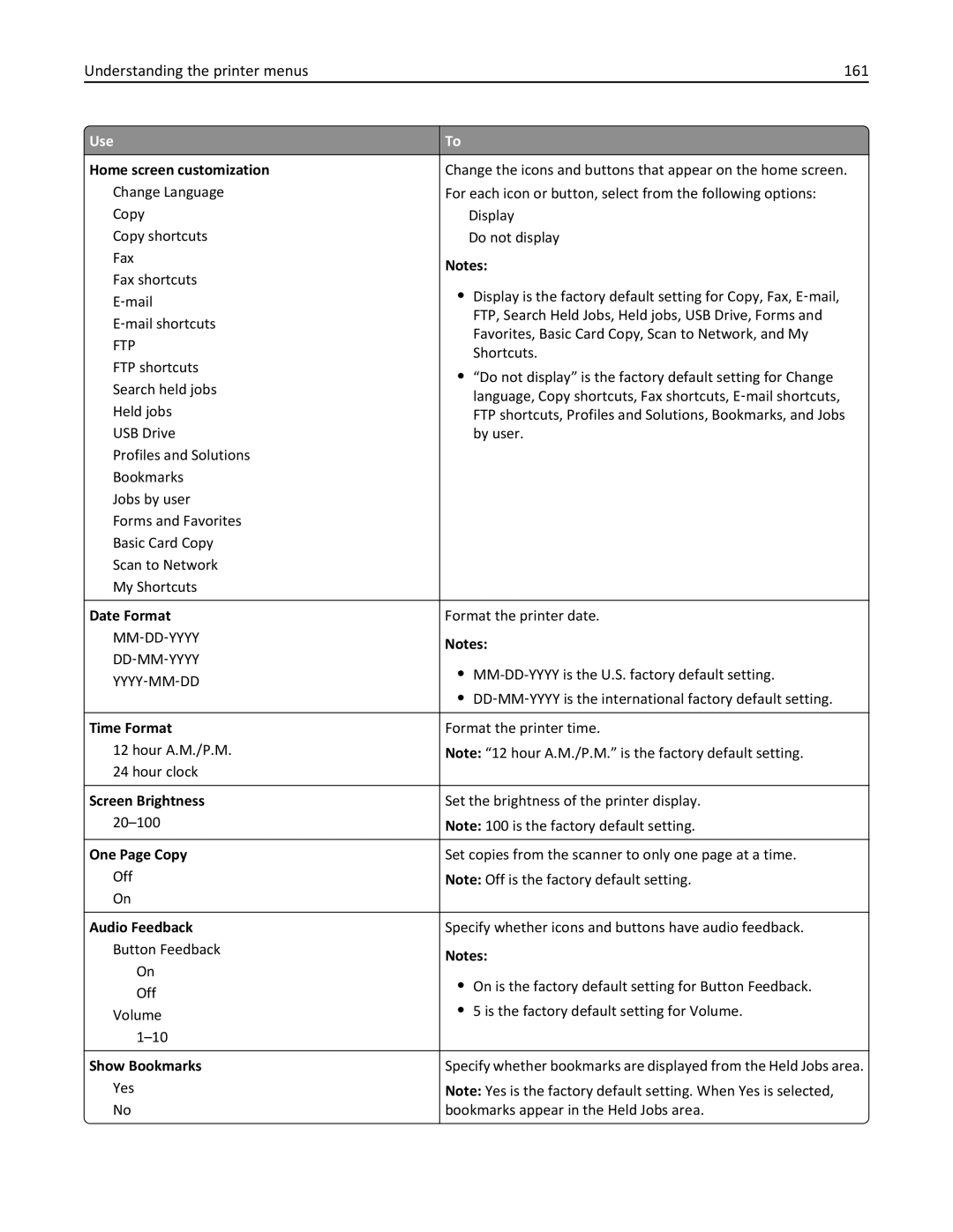 Lexmark 35S5704, 35S5703, MX511DHE, MX511DE manual Understanding the printer menus 161 