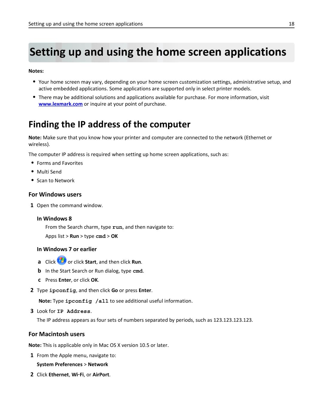 Lexmark MX511DHE, 35S5703 manual Setting up and using the home screen applications, Finding the IP address of the computer 