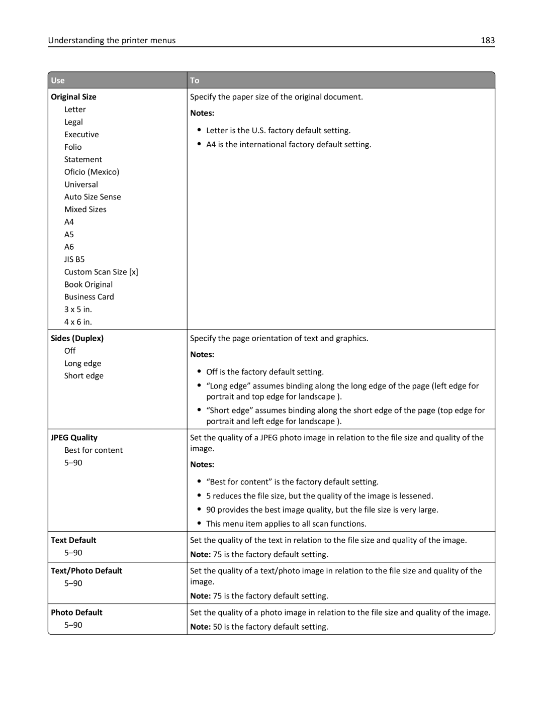 Lexmark MX511DE, 35S5703, 35S5704, MX511DHE manual Understanding the printer menus 183, Original Size 