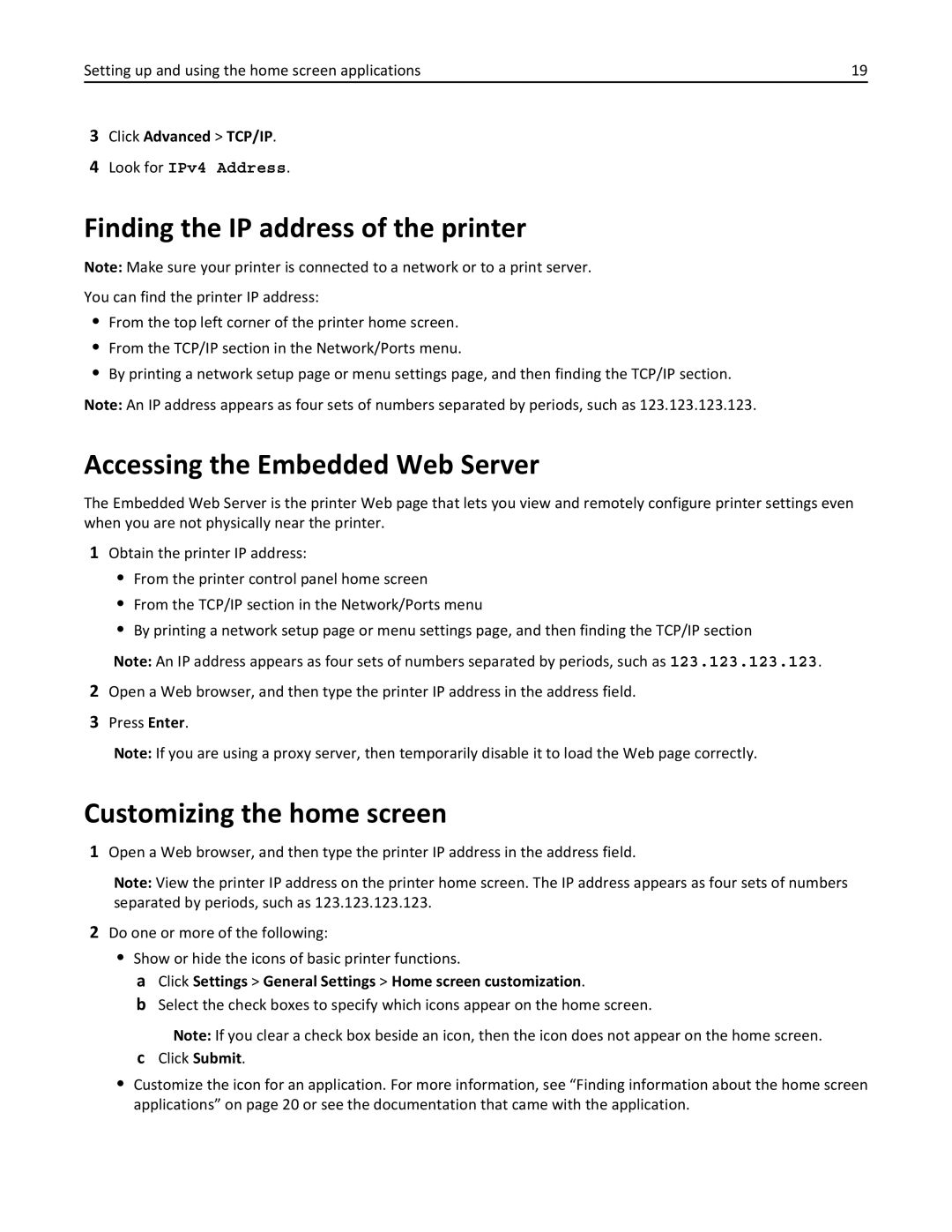 Lexmark MX511DE Finding the IP address of the printer, Accessing the Embedded Web Server, Customizing the home screen 