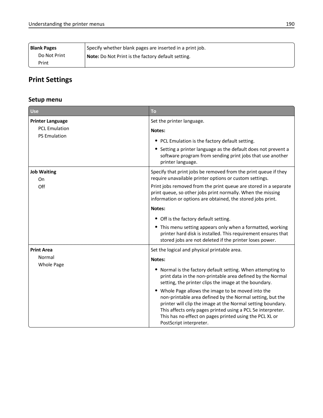 Lexmark MX511DHE, 35S5703, 35S5704, MX511DE manual Print Settings, Setup menu, Understanding the printer menus 190 