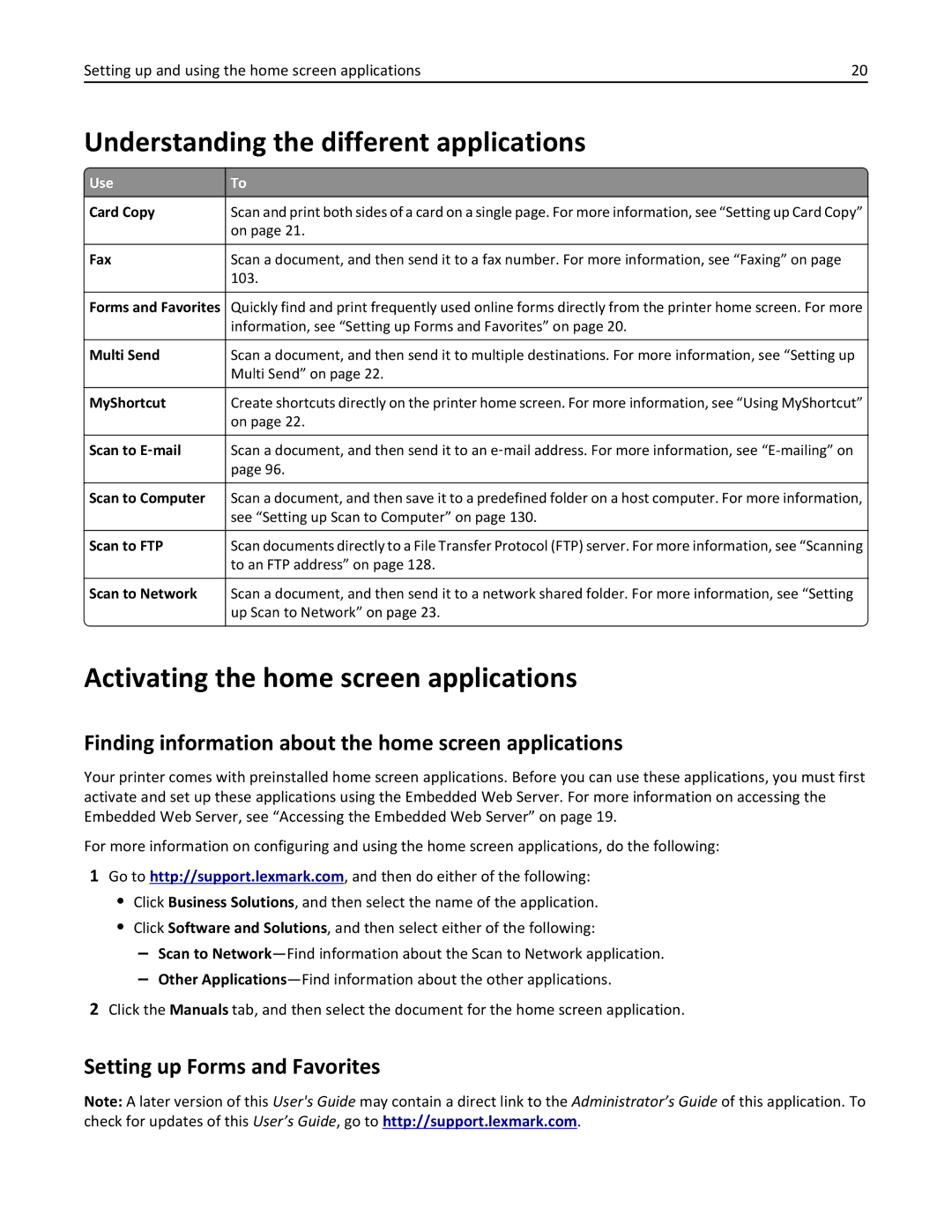 Lexmark 35S5703, 35S5704, MX511DHE manual Understanding the different applications, Activating the home screen applications 