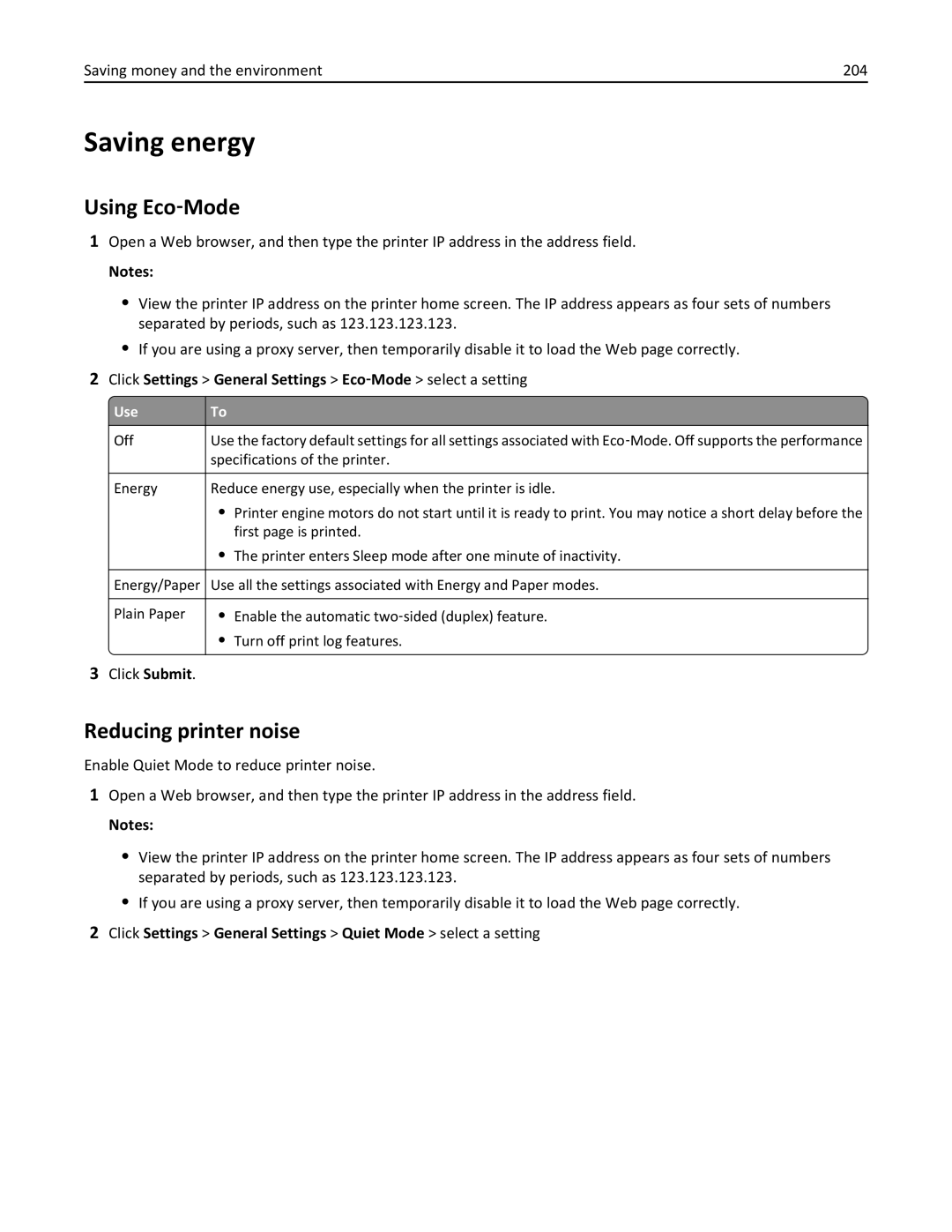 Lexmark 35S5703, 35S5704, MX511DHE, MX511DE manual Saving energy, Using Eco‑Mode, Reducing printer noise 