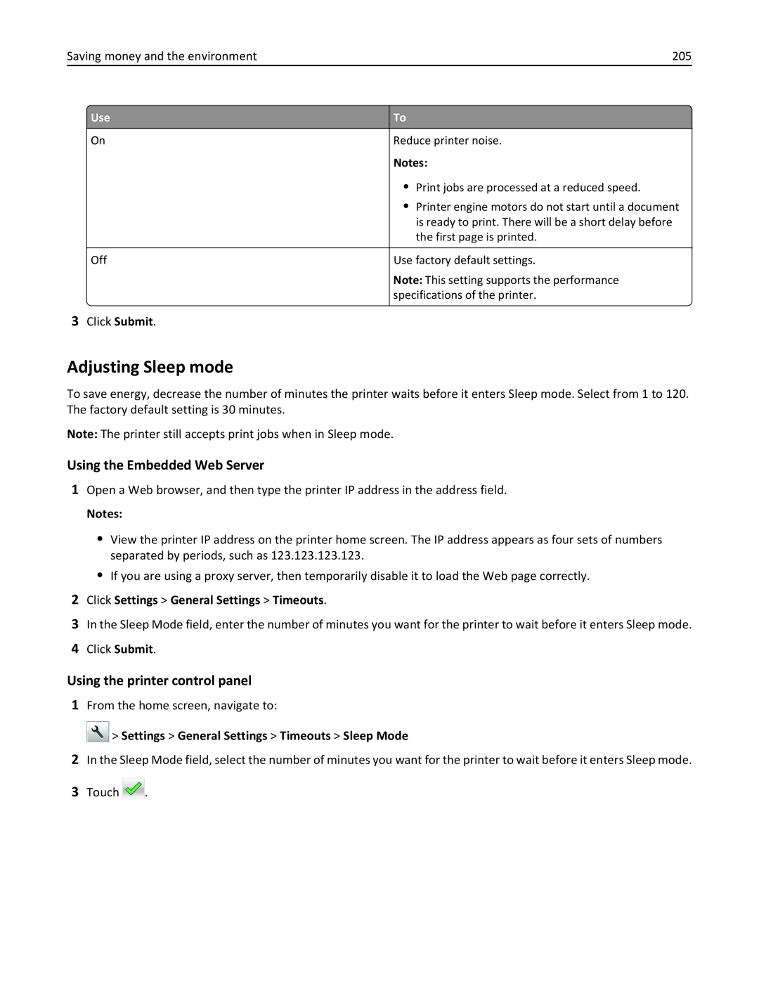 Lexmark 35S5704 manual Adjusting Sleep mode, Saving money and the environment 205, Click Settings General Settings Timeouts 