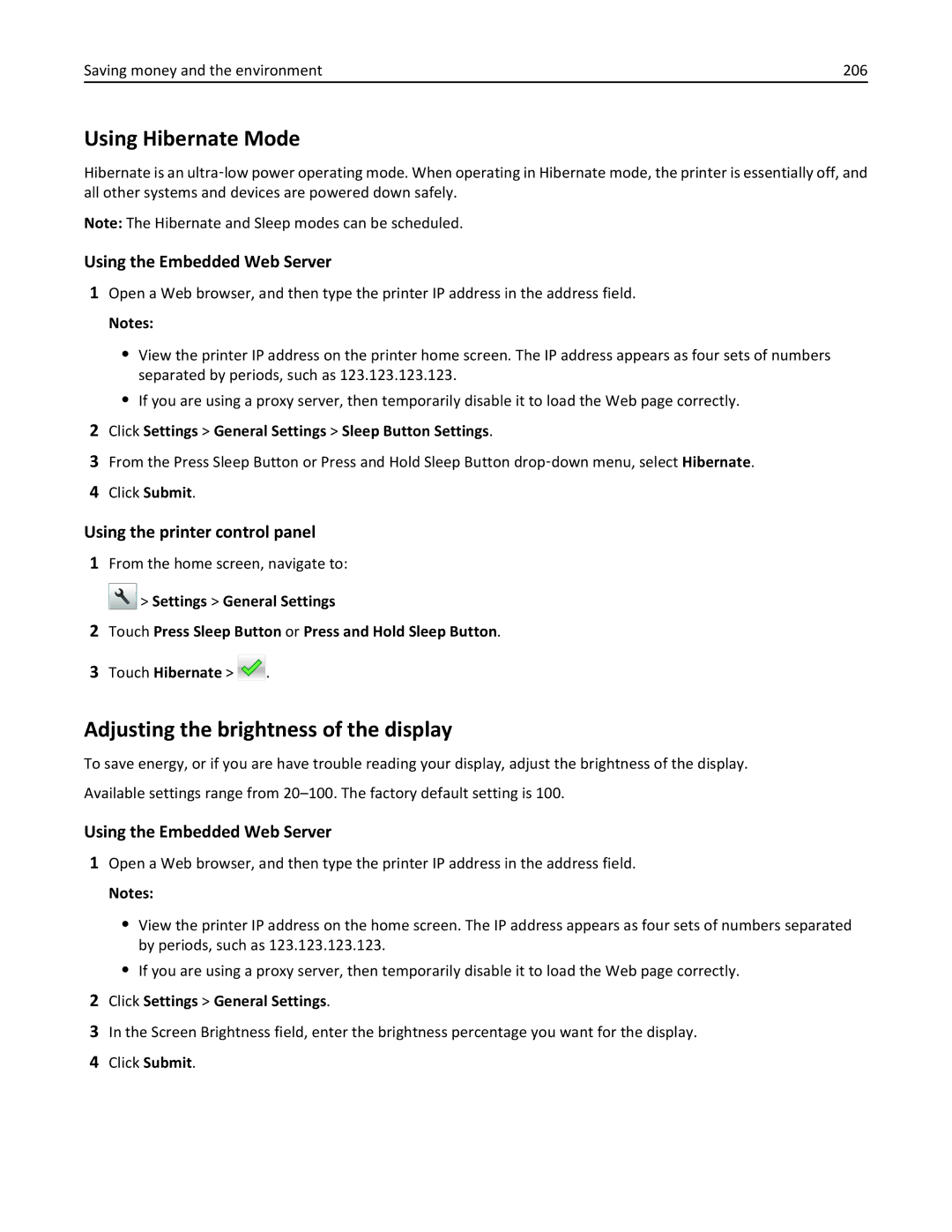 Lexmark MX511DHE manual Using Hibernate Mode, Adjusting the brightness of the display, Saving money and the environment 206 