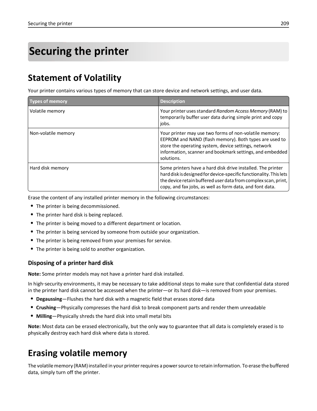 Lexmark 35S5704 Securing the printer, Statement of Volatility, Erasing volatile memory, Disposing of a printer hard disk 