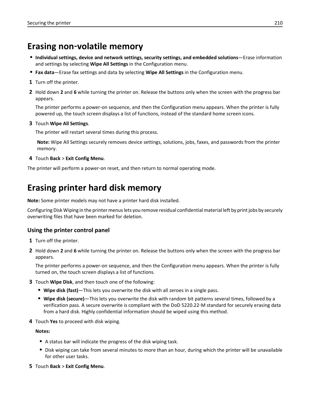 Lexmark MX511DHE, 35S5703 Erasing non‑volatile memory, Erasing printer hard disk memory, Using the printer control panel 