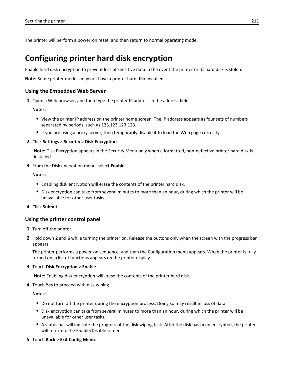 Lexmark MX511DE Configuring printer hard disk encryption, Using the Embedded Web Server, Touch Disk Encryption Enable 