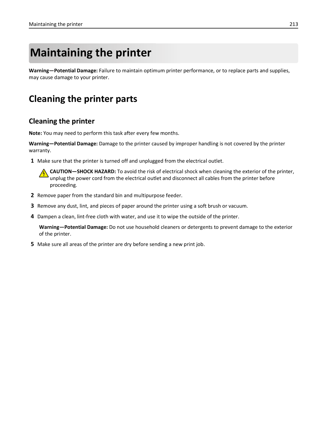 Lexmark 35S5704, 35S5703, MX511DHE, MX511DE manual Cleaning the printer parts, Maintaining the printer 213 