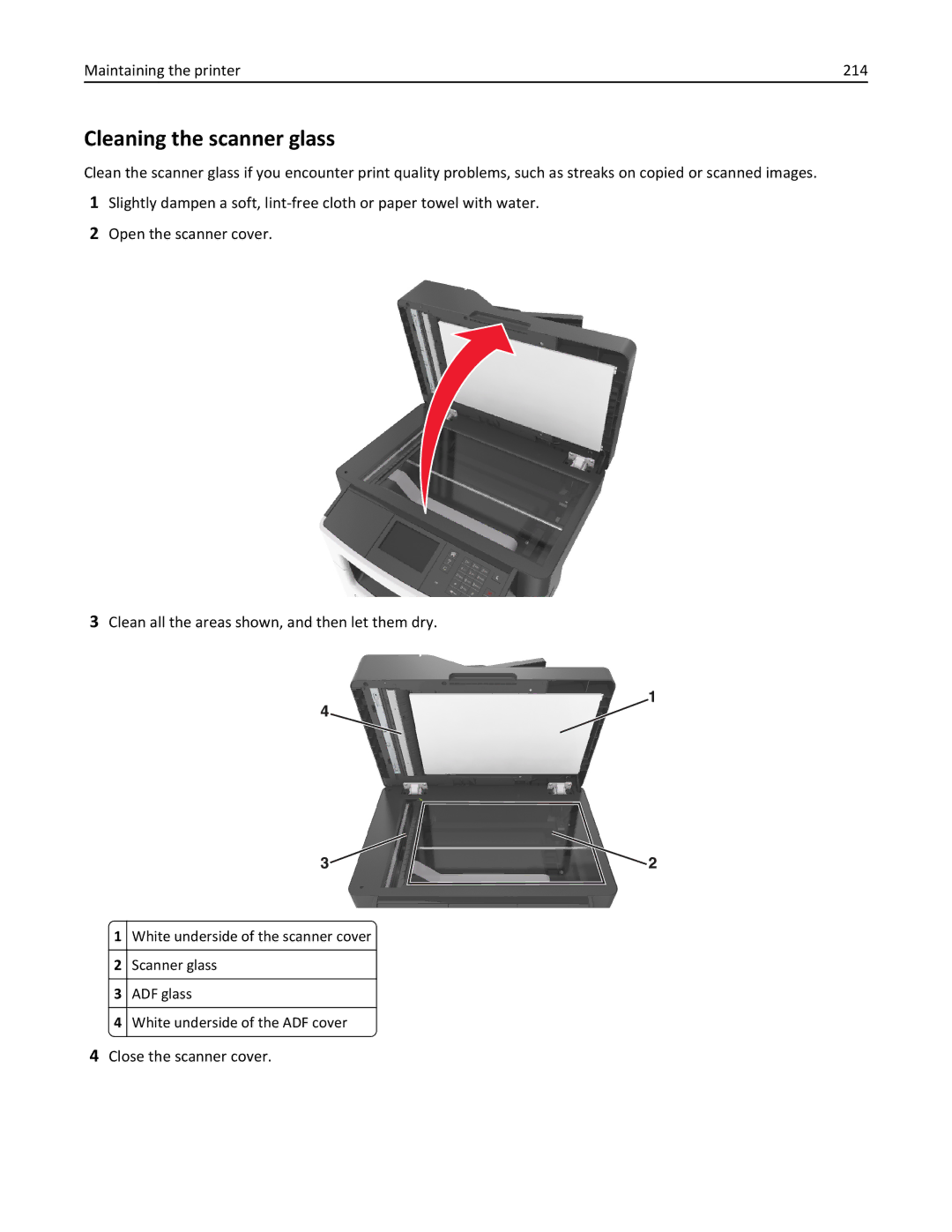 Lexmark MX511DHE, 35S5703, 35S5704, MX511DE Cleaning the scanner glass, Maintaining the printer 214, Close the scanner cover 