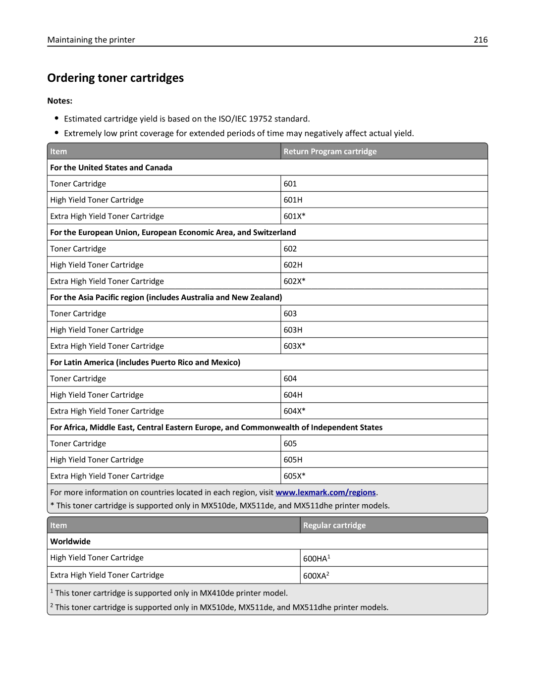 Lexmark 35S5703 manual Ordering toner cartridges, Maintaining the printer 216, Return Program cartridge, Regular cartridge 