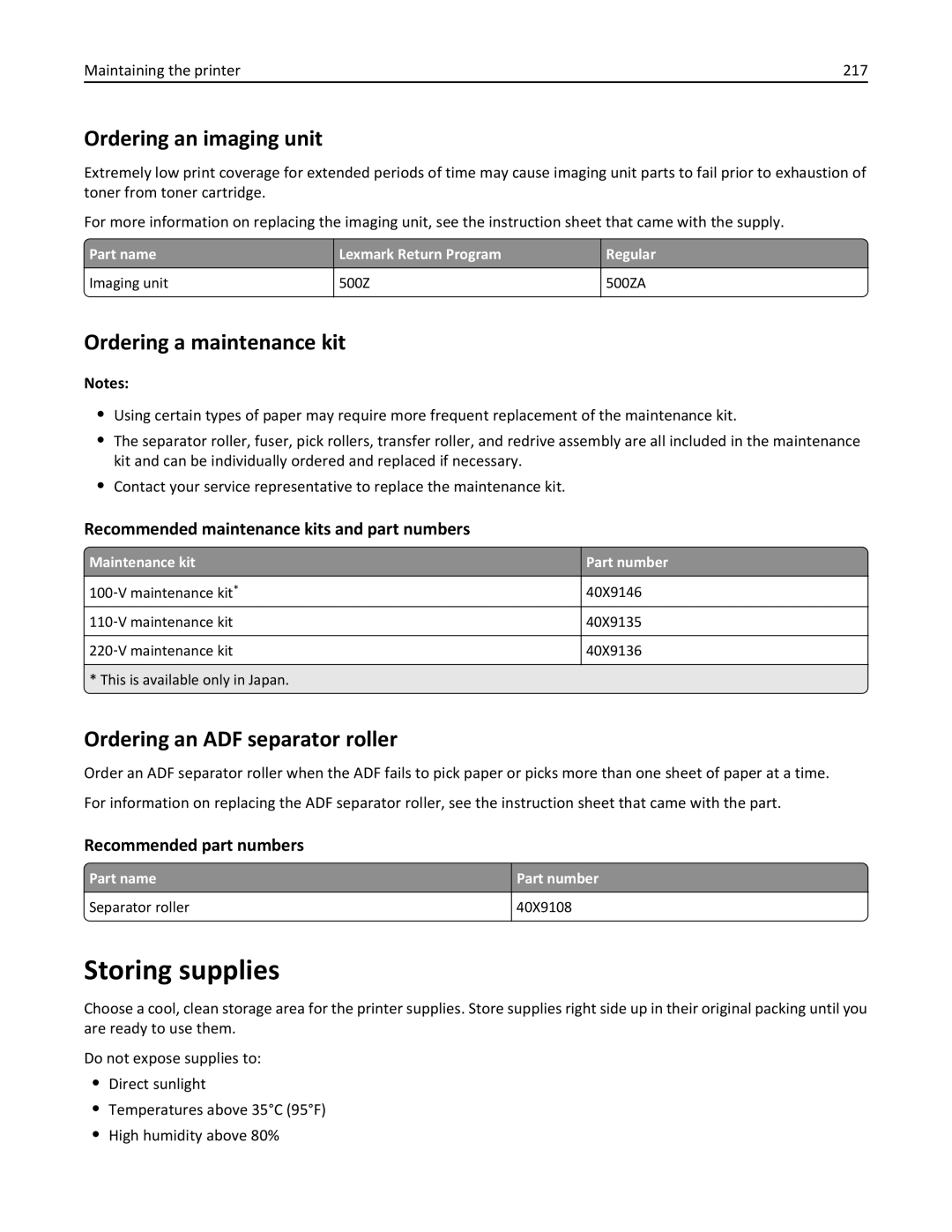 Lexmark 35S5704 Storing supplies, Ordering an imaging unit, Ordering a maintenance kit, Ordering an ADF separator roller 