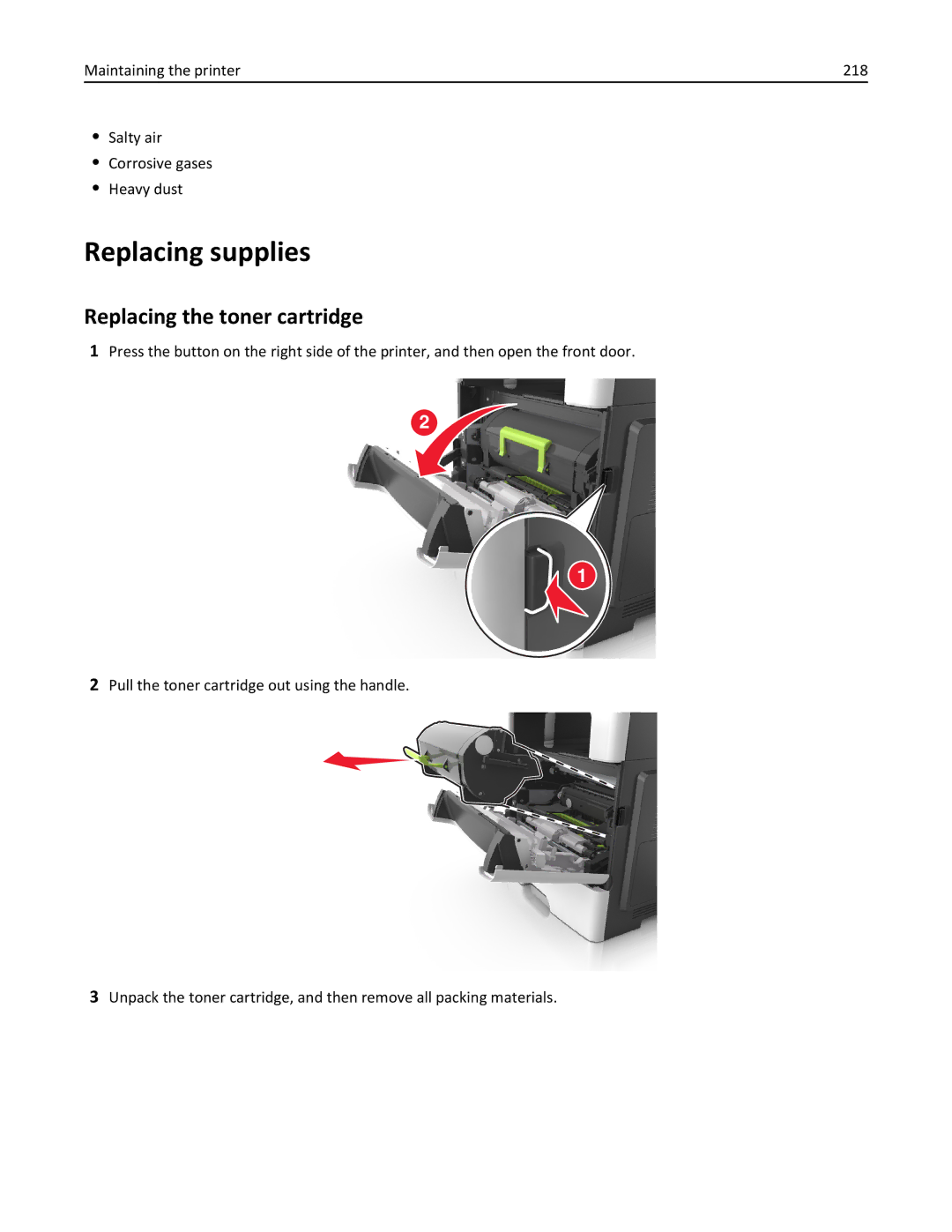 Lexmark MX511DHE, 35S5703, 35S5704, MX511DE manual Replacing supplies, Replacing the toner cartridge 