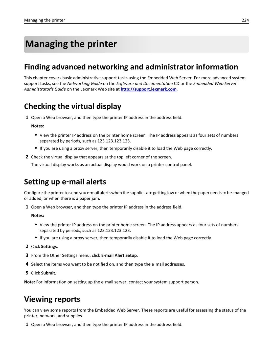 Lexmark 35S5703 Managing the printer, Finding advanced networking and administrator information, Setting up e‑mail alerts 