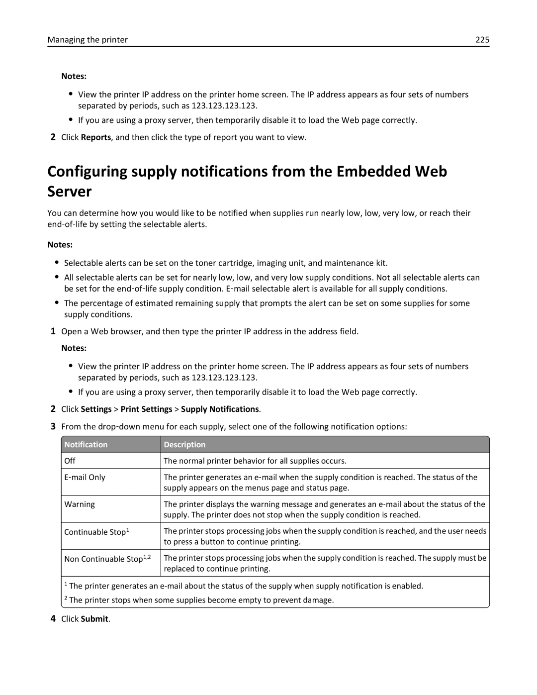 Lexmark 35S5704, 35S5703, MX511DHE, MX511DE Click Settings Print Settings Supply Notifications, Notification Description 