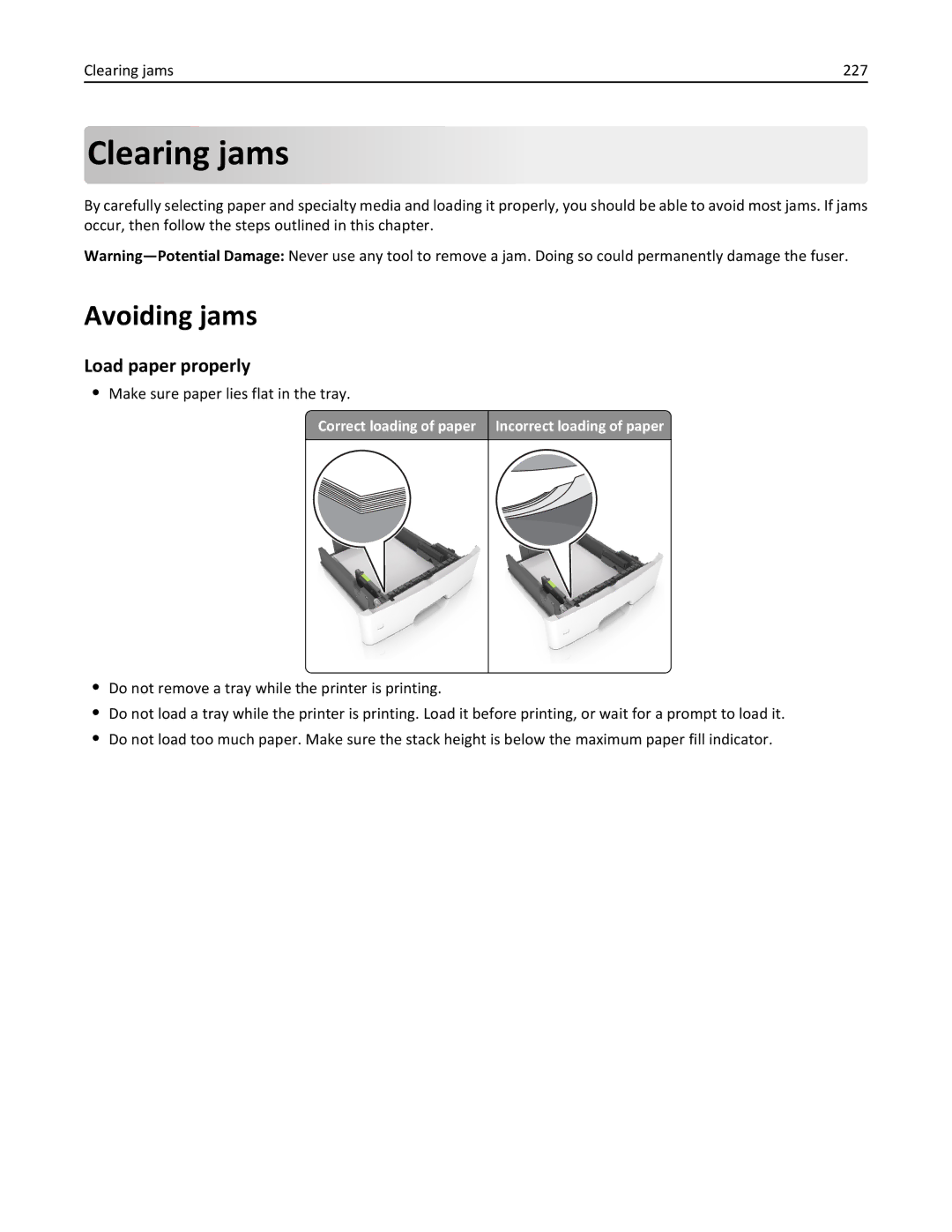 Lexmark MX511DE, 35S5703 Avoiding jams, Load paper properly, Clearing jams 227, Make sure paper lies flat in the tray 