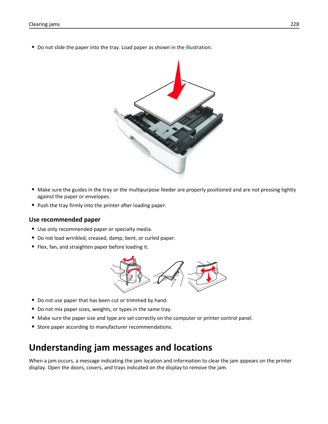 Lexmark 35S5703, 35S5704, MX511DHE, MX511DE manual Understanding jam messages and locations, Use recommended paper 