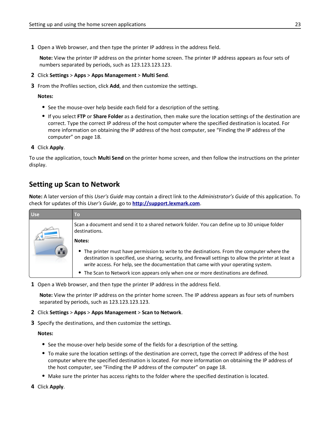 Lexmark MX511DE, 35S5703, 35S5704 manual Setting up Scan to Network, Click Settings Apps Apps Management Multi Send, UseTo 