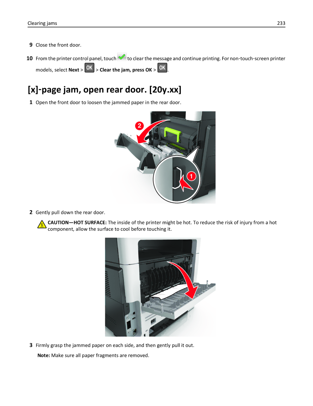 Lexmark 35S5704, 35S5703, MX511DHE, MX511DE manual ‑page jam, open rear door y.xx, Models, select Next Clear the jam, press OK 