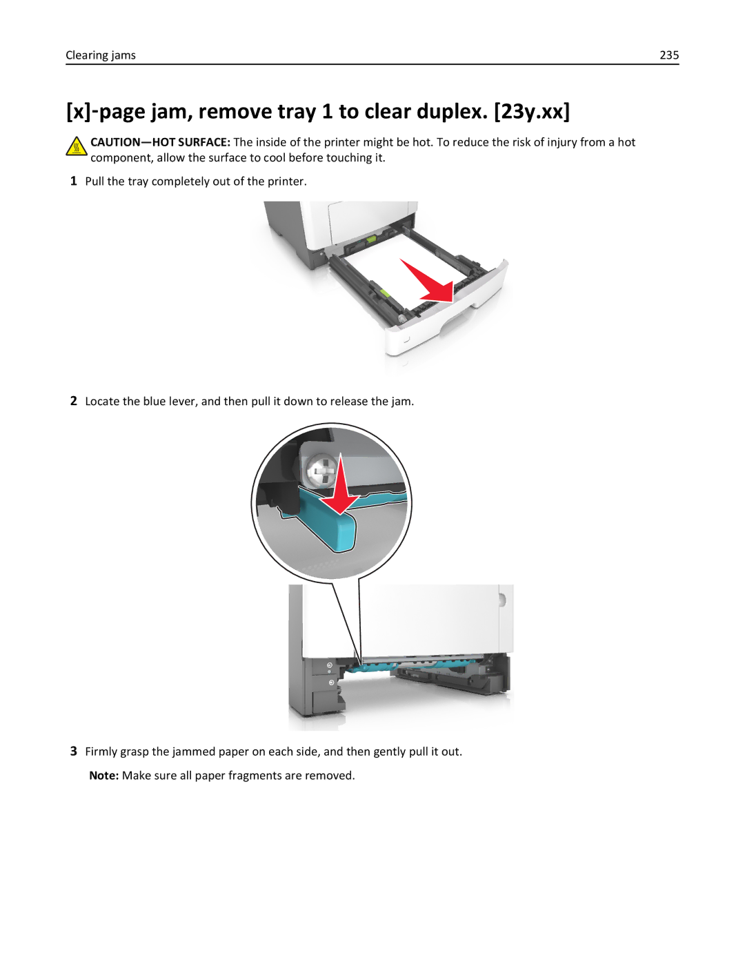 Lexmark MX511DE, 35S5703, 35S5704, MX511DHE manual ‑page jam, remove tray 1 to clear duplex y.xx, Clearing jams 235 