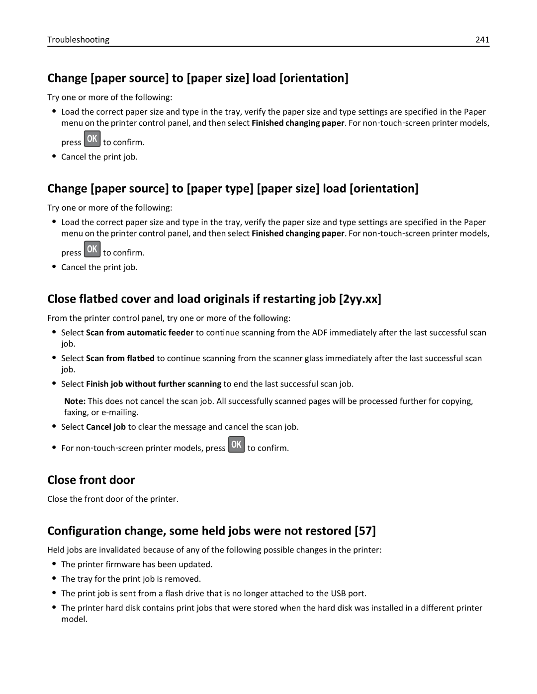 Lexmark 35S5704, 35S5703, MX511DE Change paper source to paper size load orientation, Close front door, Troubleshooting 241 