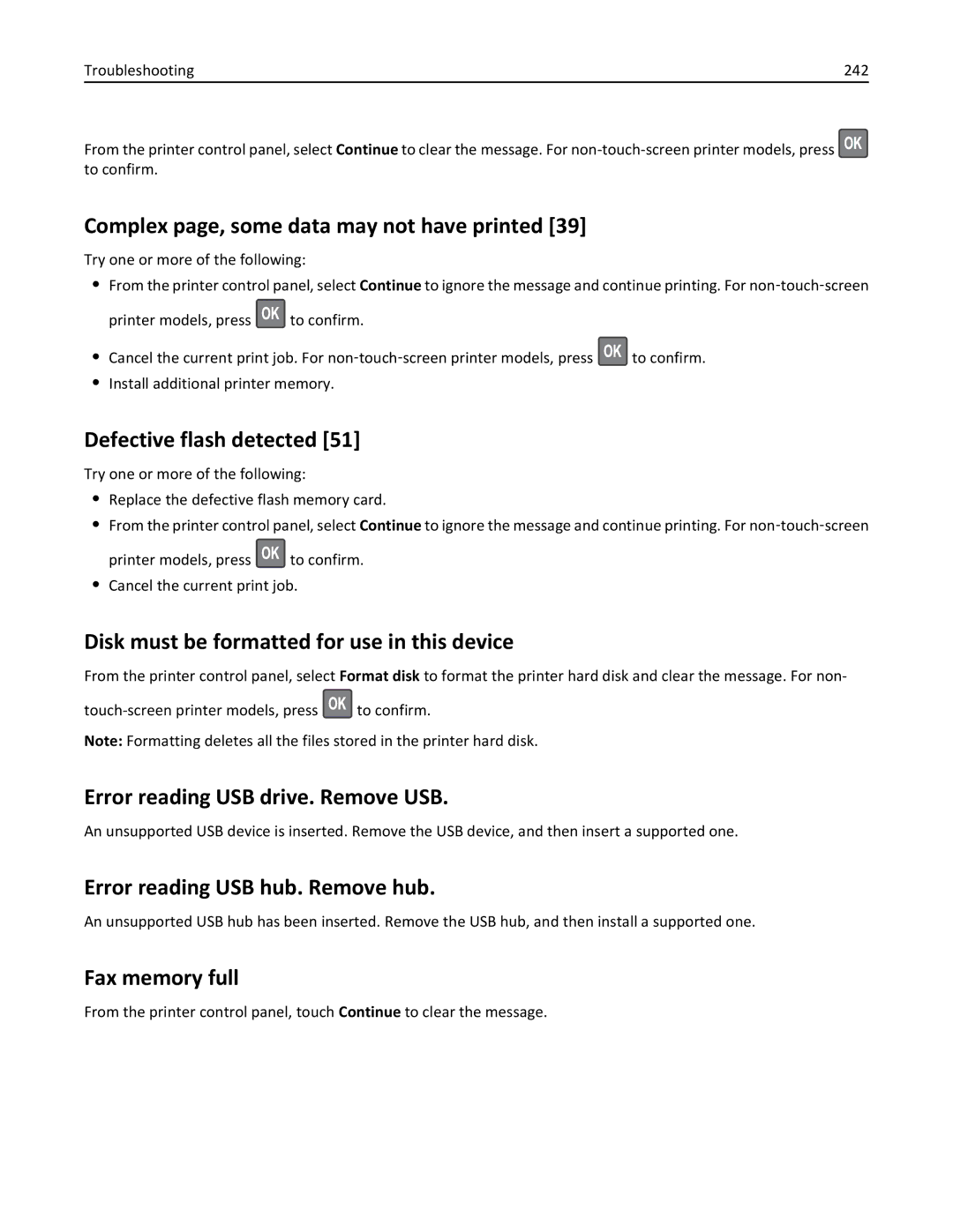 Lexmark MX511DHE Complex page, some data may not have printed, Defective flash detected, Error reading USB hub. Remove hub 