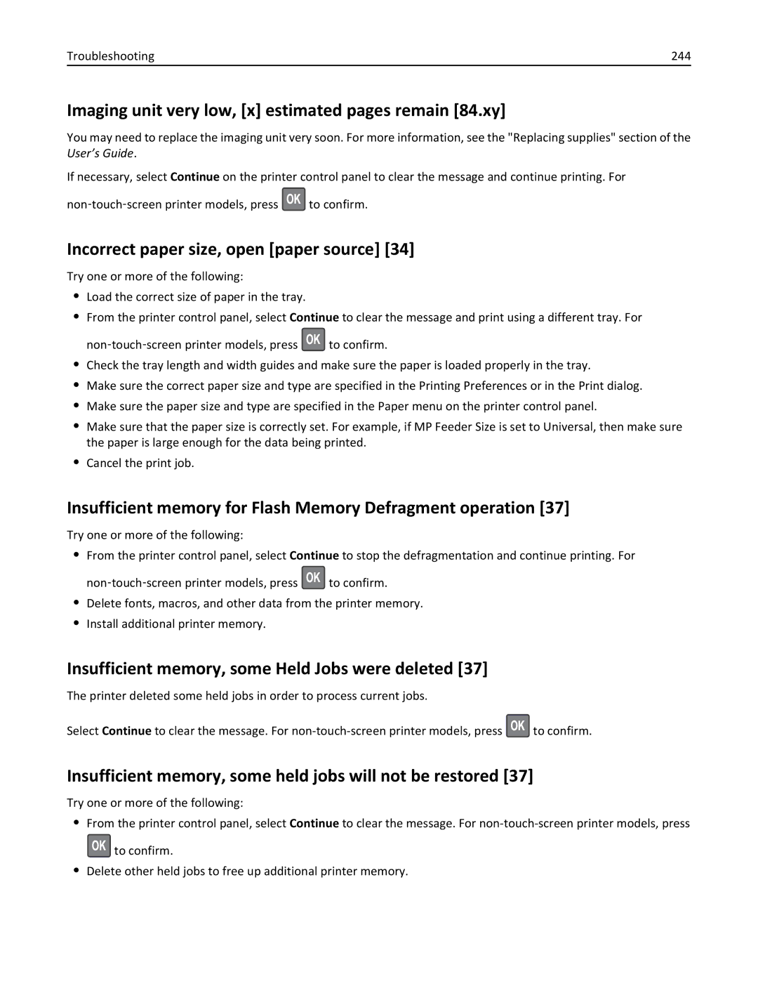 Lexmark 35S5703, 35S5704 Imaging unit very low, x estimated pages remain 84.xy, Incorrect paper size, open paper source 