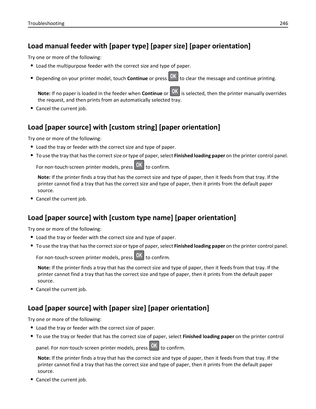 Lexmark MX511DHE, 35S5703, 35S5704, MX511DE manual Load paper source with custom string paper orientation, Troubleshooting 246 