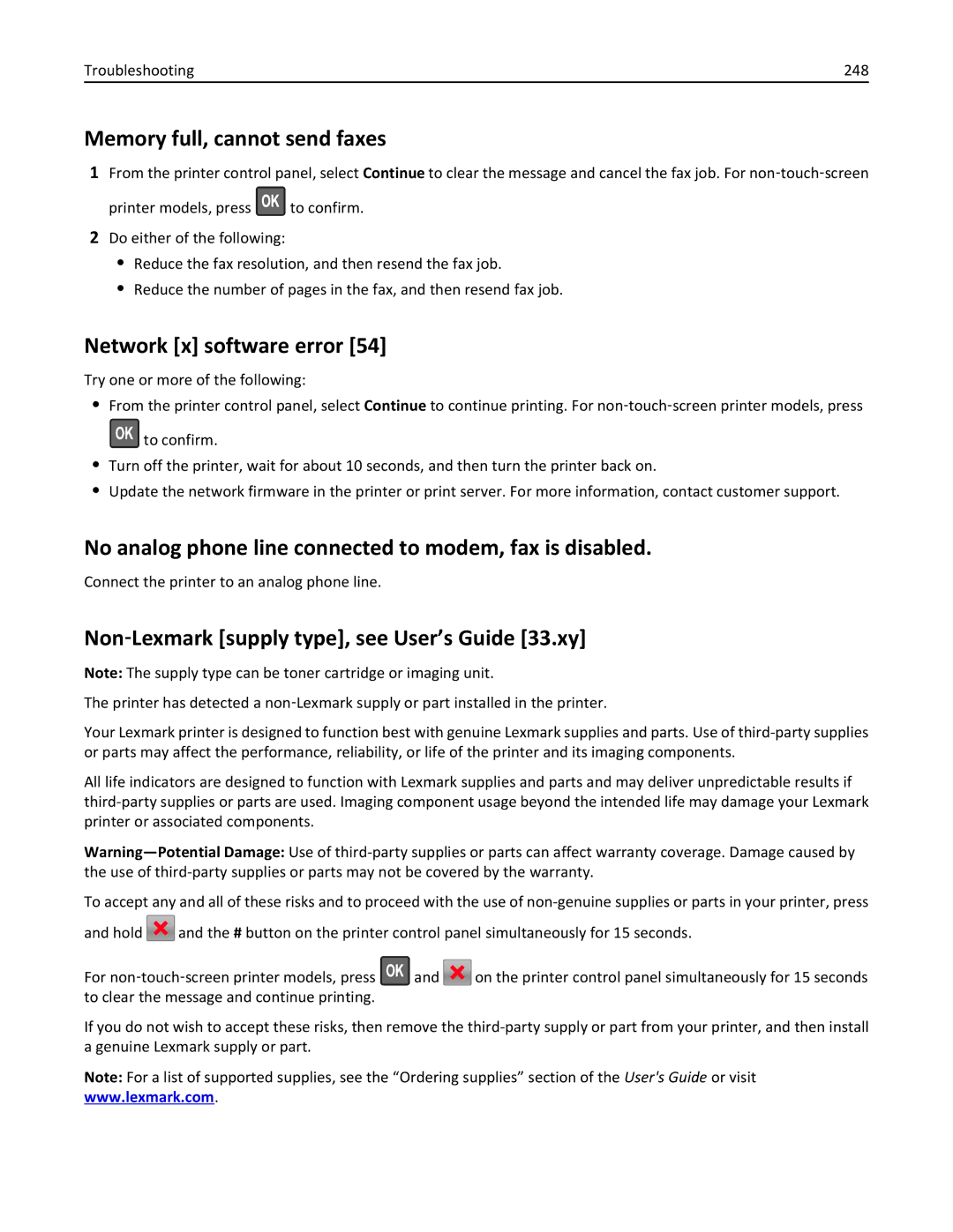 Lexmark 35S5703 Memory full, cannot send faxes, Network x software error, Non‑Lexmark supply type, see User’s Guide 33.xy 