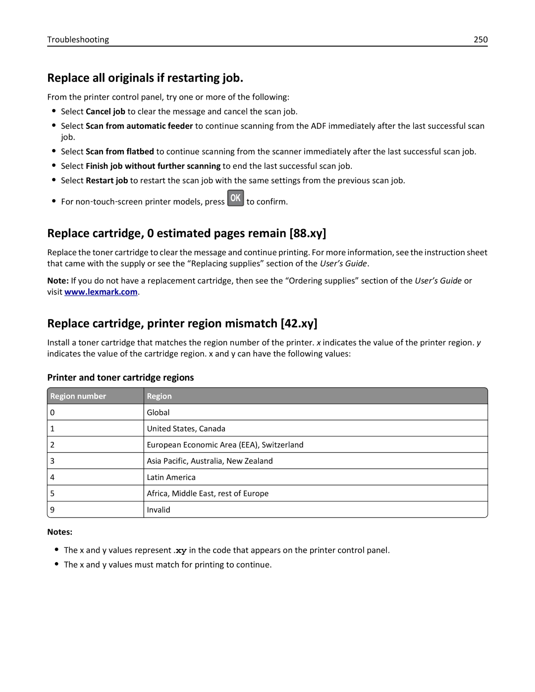 Lexmark MX511DHE, 35S5703 manual Replace all originals if restarting job, Replace cartridge, 0 estimated pages remain 88.xy 