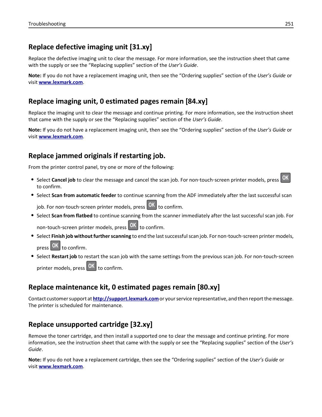 Lexmark MX511DE, 35S5703 manual Replace defective imaging unit 31.xy, Replace imaging unit, 0 estimated pages remain 84.xy 