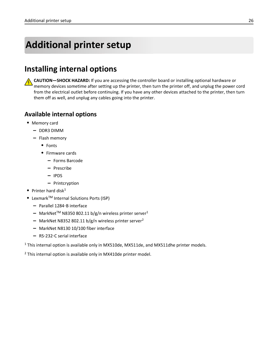 Lexmark MX511DHE, 35S5703, 35S5704 manual Additional printer setup, Installing internal options, Available internal options 