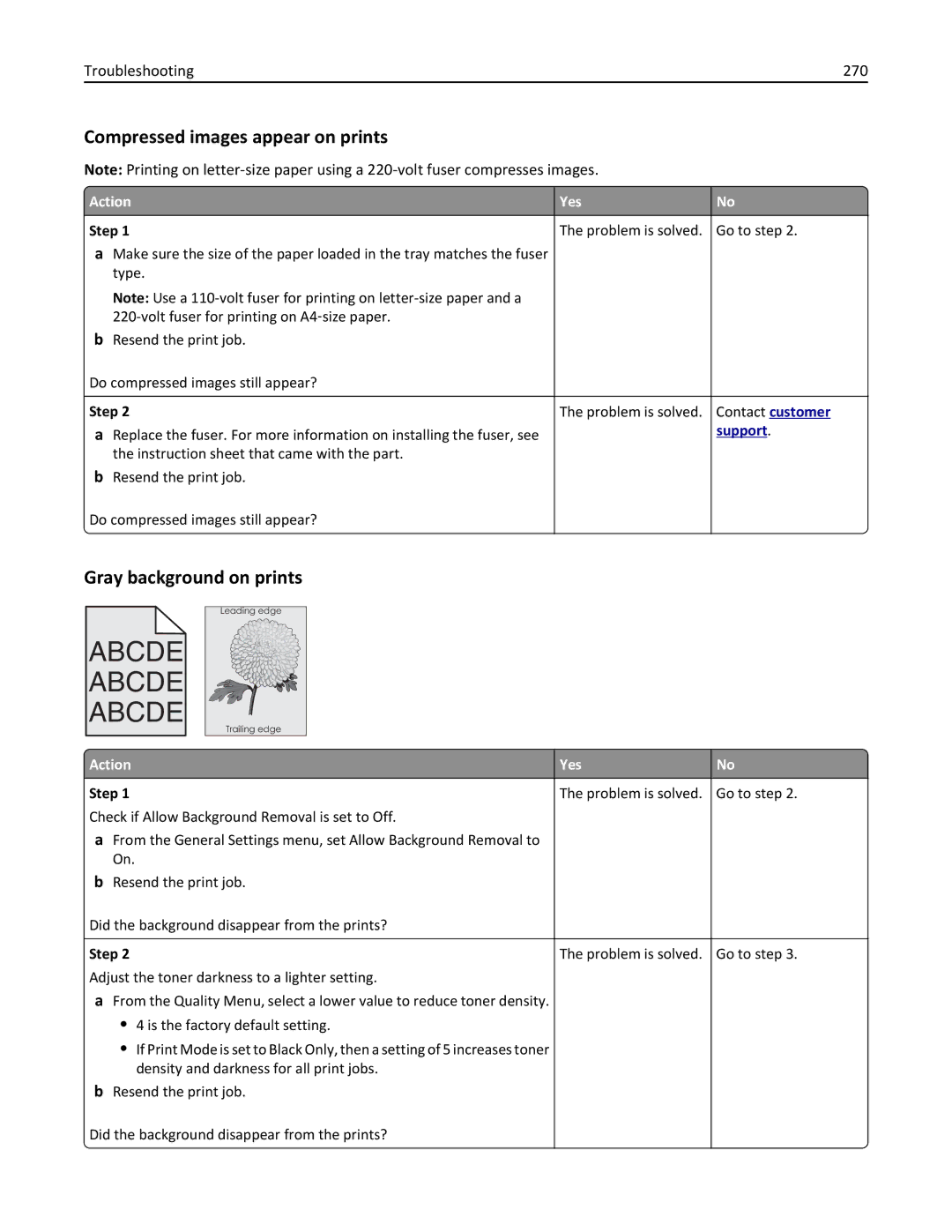 Lexmark MX511DHE, 35S5703, 35S5704 manual Compressed images appear on prints, Gray background on prints, Troubleshooting 270 