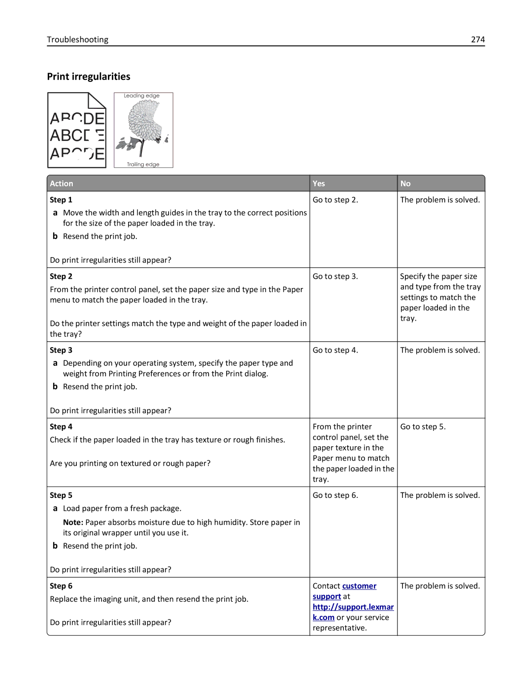 Lexmark MX511DHE, 35S5703, 35S5704, MX511DE manual Print irregularities, Troubleshooting 274 