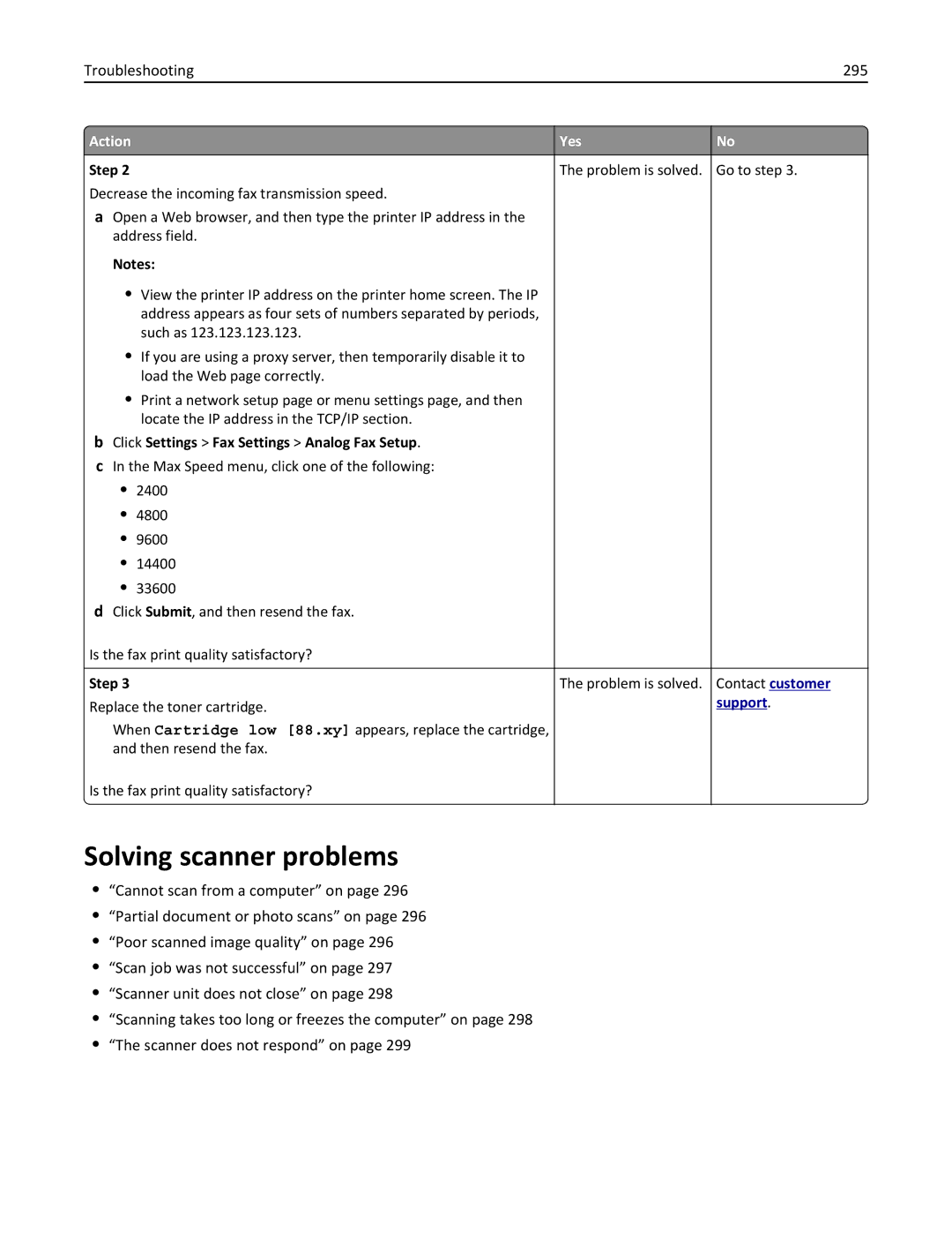 Lexmark MX511DE, 35S5703 manual Solving scanner problems, Troubleshooting 295, Click Settings Fax Settings Analog Fax Setup 