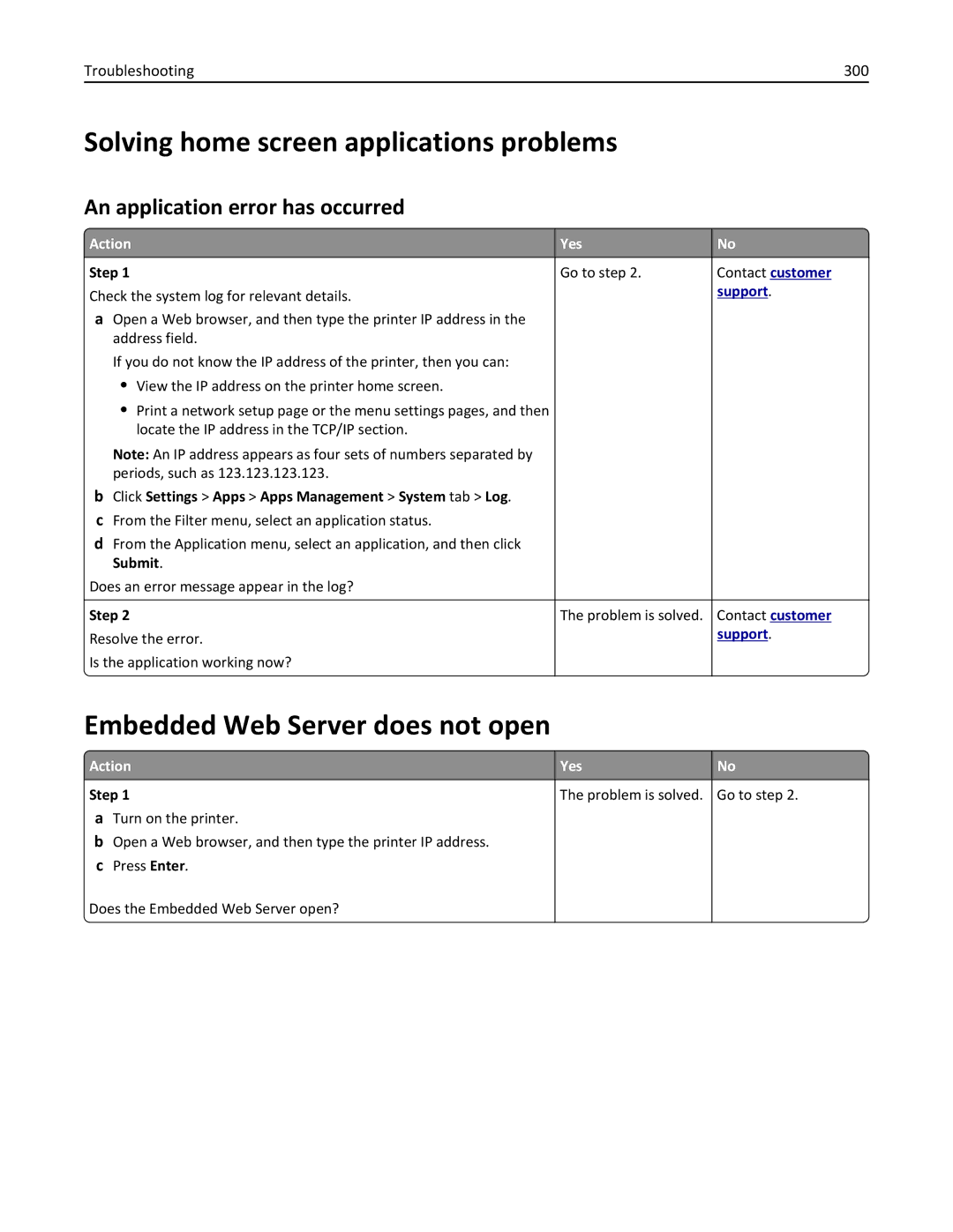 Lexmark 35S5703, 35S5704 Solving home screen applications problems, Embedded Web Server does not open, Troubleshooting 300 