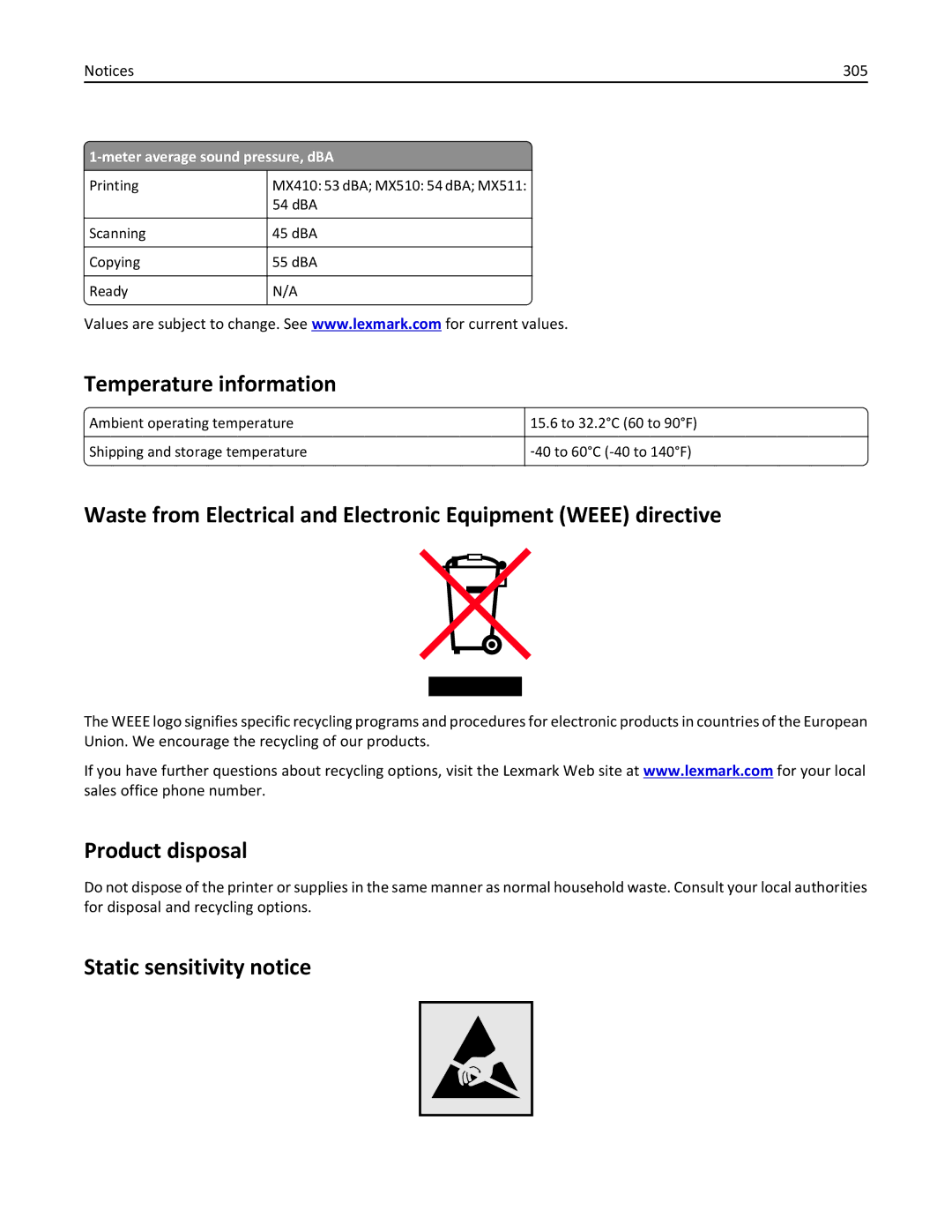 Lexmark 35S5704, 35S5703, MX511DHE, MX511DE manual Temperature information, Product disposal, Static sensitivity notice, 305 