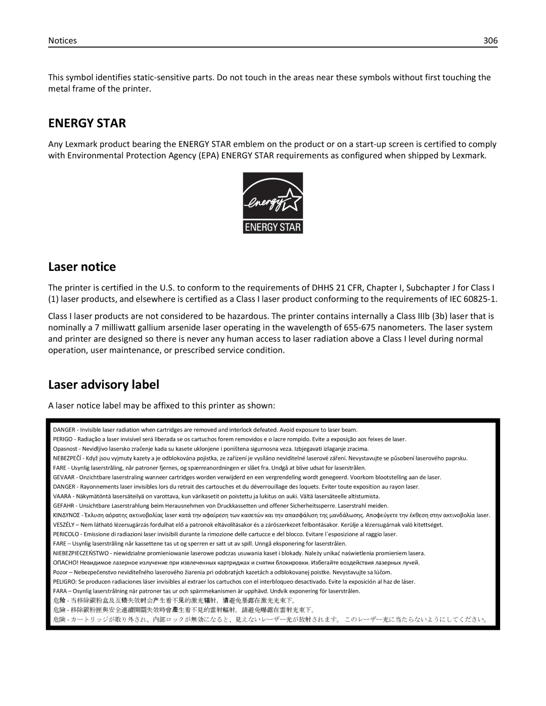 Lexmark MX511DHE, 35S5703 manual Laser advisory label, 306, Laser notice label may be affixed to this printer as shown 