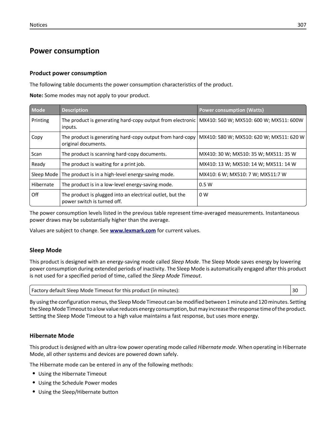 Lexmark MX511DE, 35S5703, 35S5704, MX511DHE Power consumption, Product power consumption, Sleep Mode, Hibernate Mode, 307 