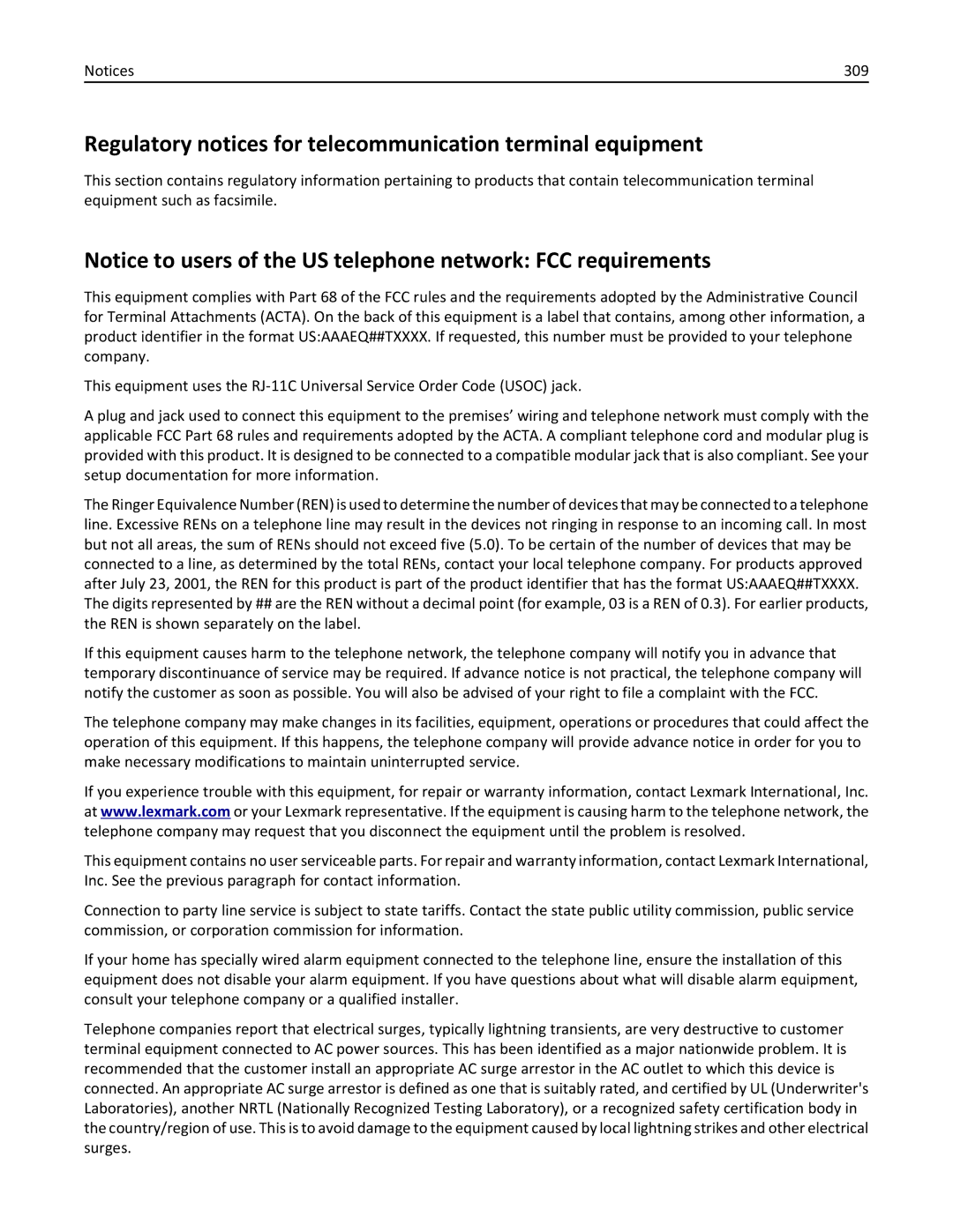 Lexmark 35S5704, 35S5703, MX511DHE, MX511DE manual Regulatory notices for telecommunication terminal equipment, 309 