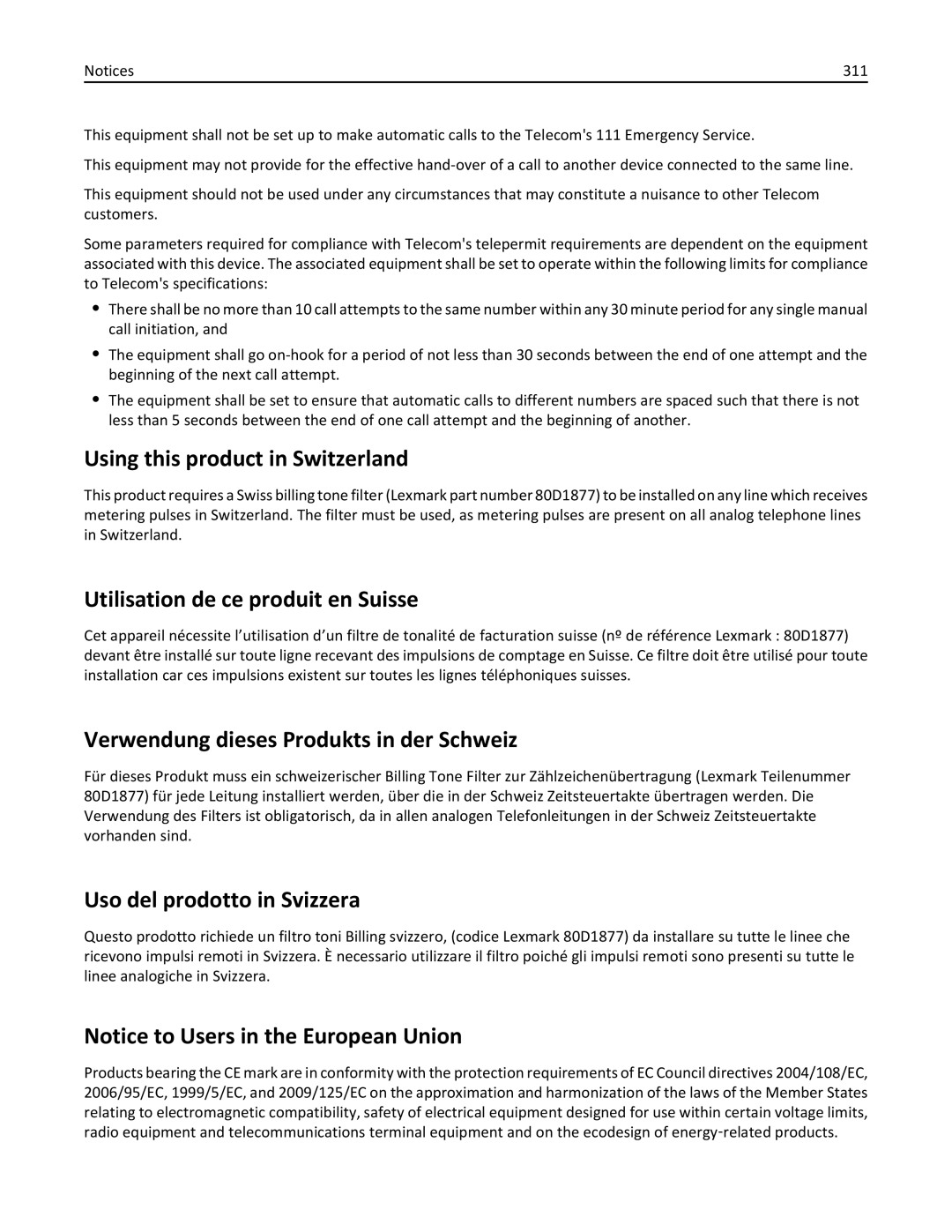 Lexmark MX511DE Using this product in Switzerland, Utilisation de ce produit en Suisse, Uso del prodotto in Svizzera, 311 