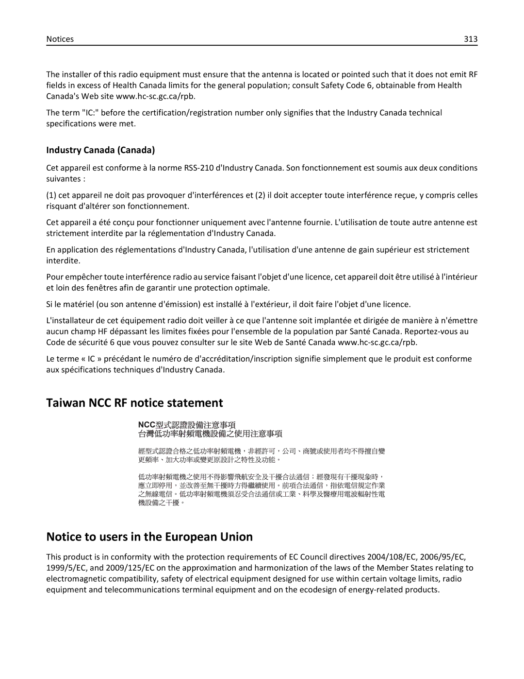 Lexmark 35S5704, 35S5703, MX511DHE, MX511DE manual Taiwan NCC RF notice statement, Industry Canada Canada, 313 