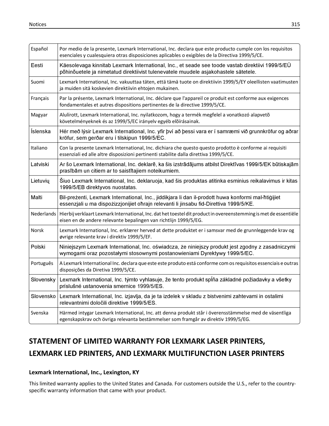 Lexmark MX511DE, 35S5703, 35S5704, MX511DHE manual Lexmark International, Inc., Lexington, KY, 315 