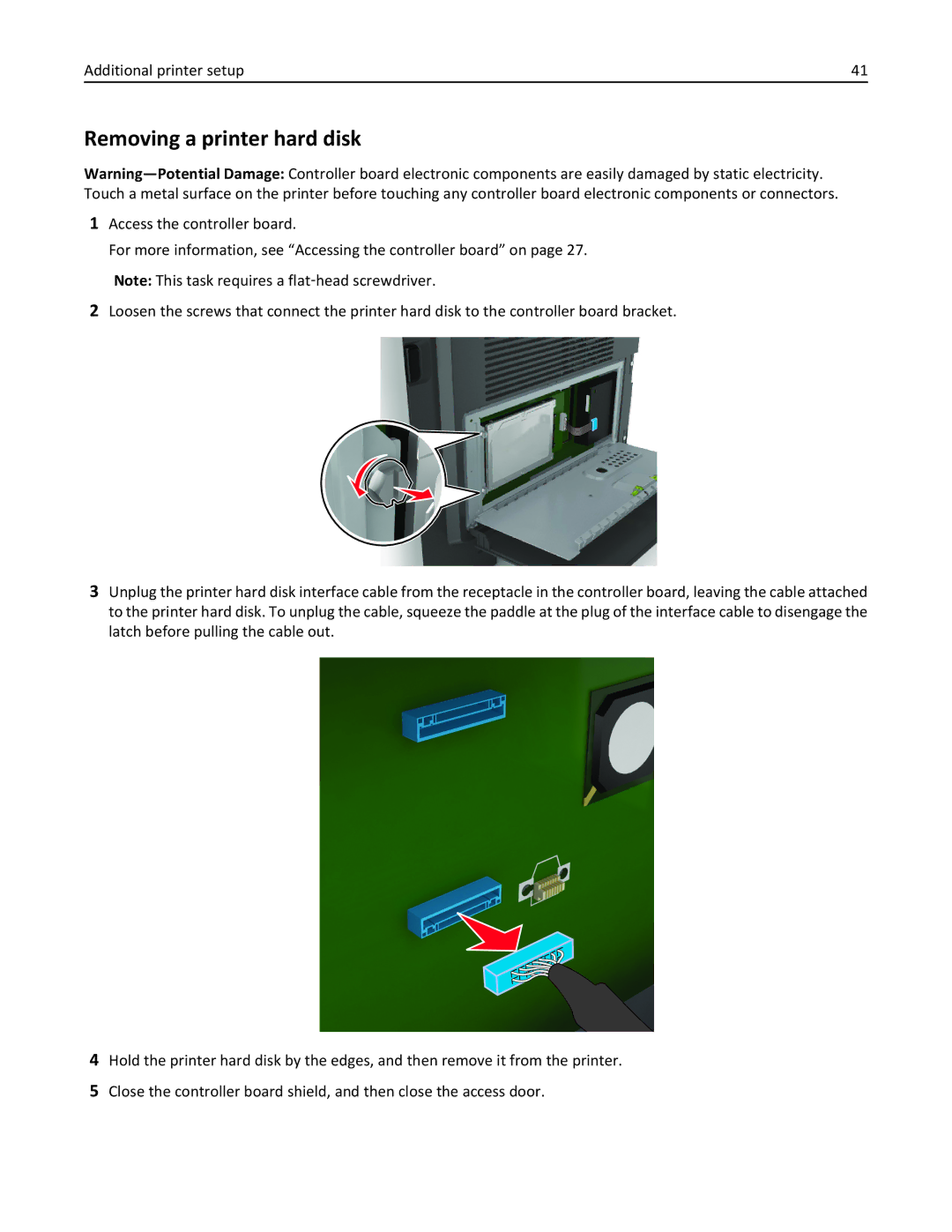 Lexmark 35S5704, 35S5703, MX511DHE, MX511DE manual Removing a printer hard disk, Additional printer setup 