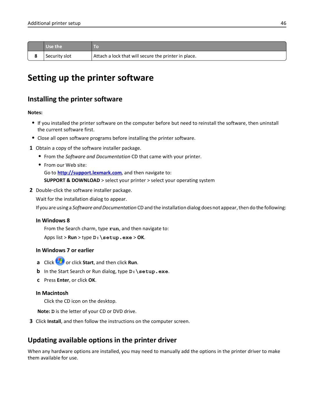 Lexmark MX511DHE, 35S5703, 35S5704, MX511DE manual Setting up the printer software, Installing the printer software, Macintosh 