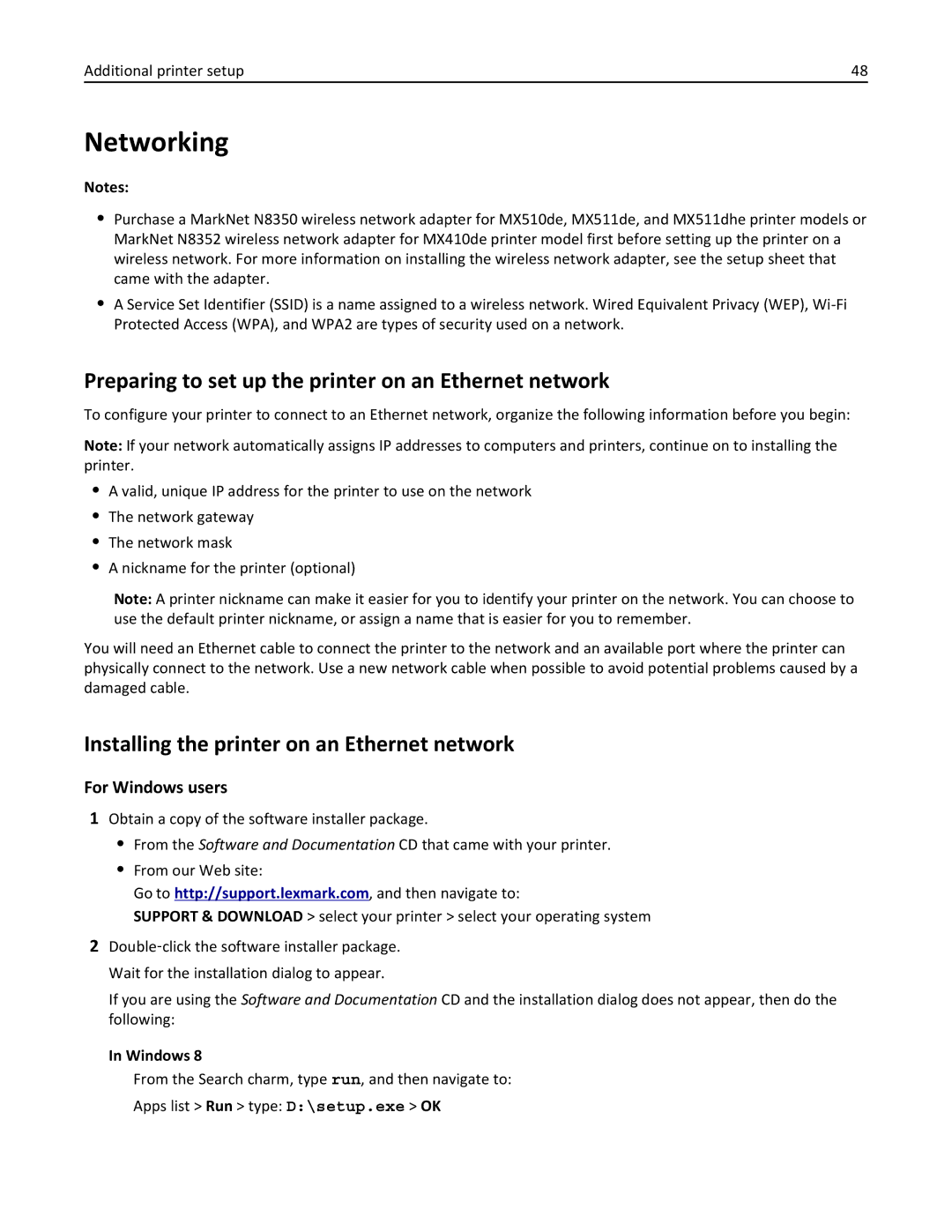 Lexmark 35S5703, 35S5704, MX511DHE Networking, Preparing to set up the printer on an Ethernet network, For Windows users 