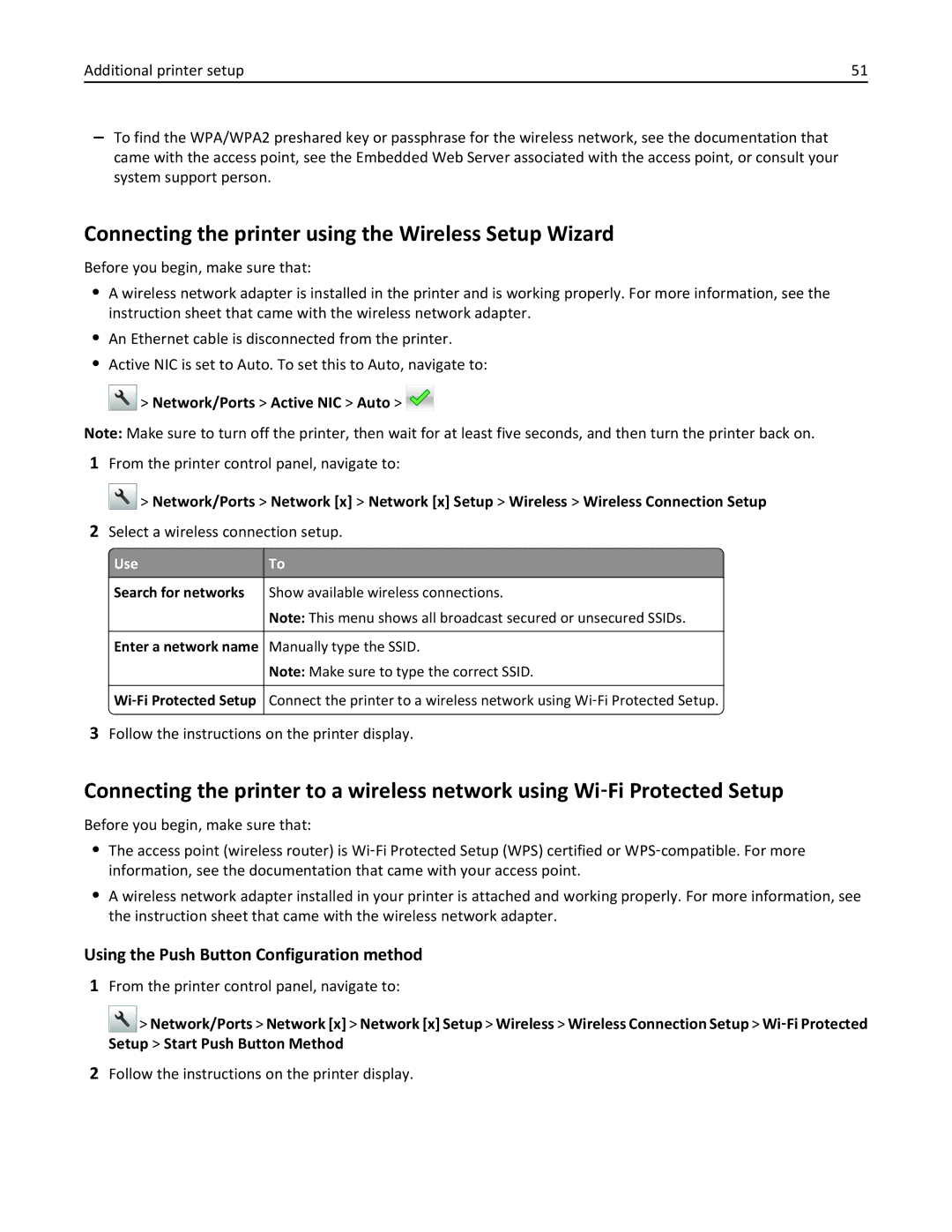 Lexmark MX511DE manual Connecting the printer using the Wireless Setup Wizard, Using the Push Button Configuration method 